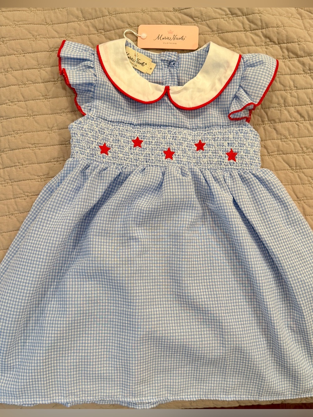 NWT Marie Nicole Baby Girl Patriotic Smocked  Blue Gingham Stars 4th of July